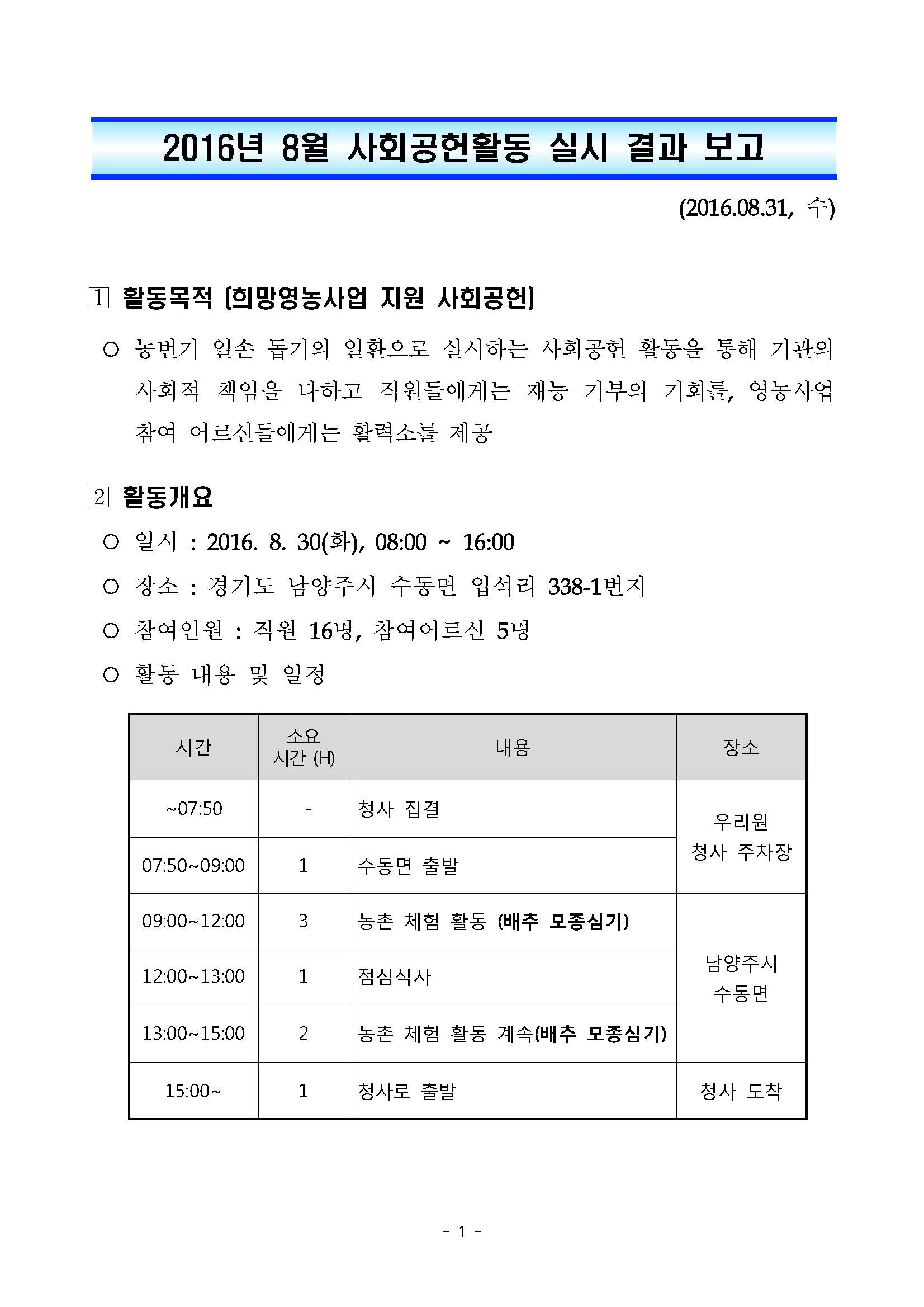 2016년 8월 사회공헌활동 실시 결과보고